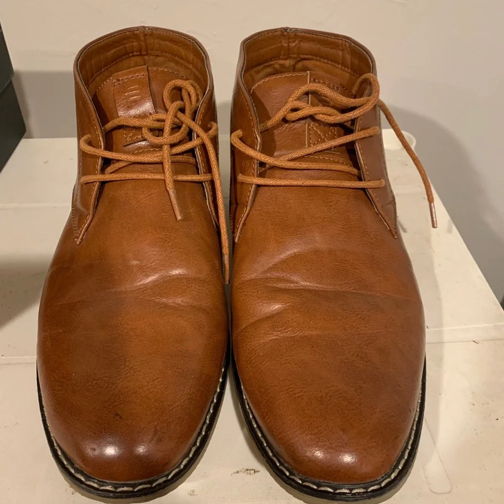 London Fog Chukka Boots Mens 11‎ Cognac Brown Good Faux Leather Memory Foam